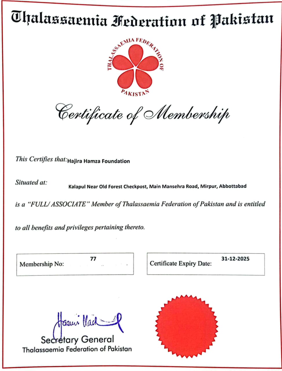 Thalassaemia Federation of Pakistan Membership Certificate - Hajira Hamza Foundation