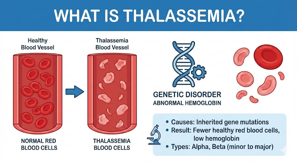 Diagram showing normal vs thalassemia blood cells